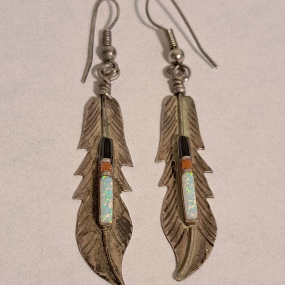 Sterling Silver Feather Earrings Handcrafted Native American Barney Earrings